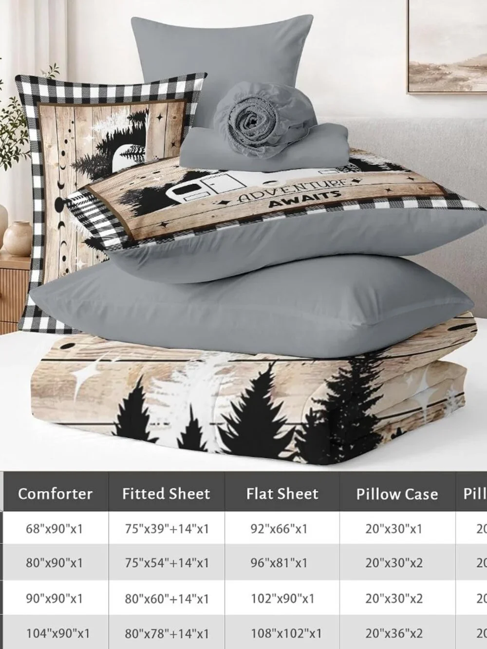 7 Pieces Comforter Set Full Size, Camping Camper Plaid Bedding Set with Fitted S
